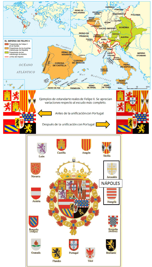 Imagen con la descomposición de territorios del escudo de Felipe II