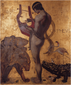 Orfeo amansando a Cerbero tocando el arpa