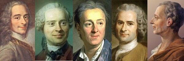Imagen de ilustrados franceses como Voltaire, D'Alembert, Diderot, Rousseau y Montesquieu.