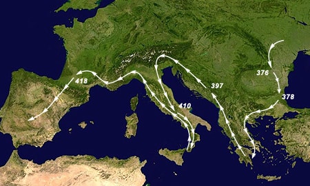 Mapa Europa con viajes de los visigodos a Hispania