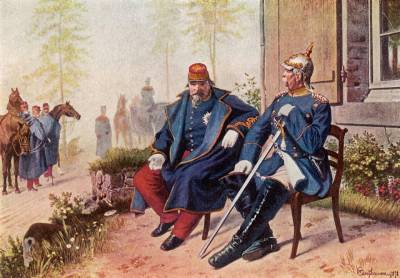 Napoleón III y Otto Von Bismarck sentados dialogando tras la batalla de Sedán de 1870