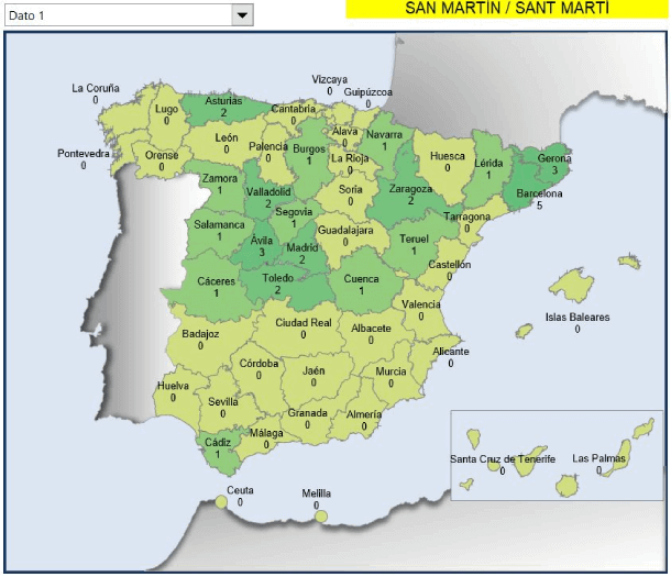 Mapa municipios San Martín en España