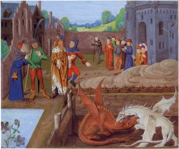 Ilustracion siglo XV con dos dragones rojo y blanco luchando.